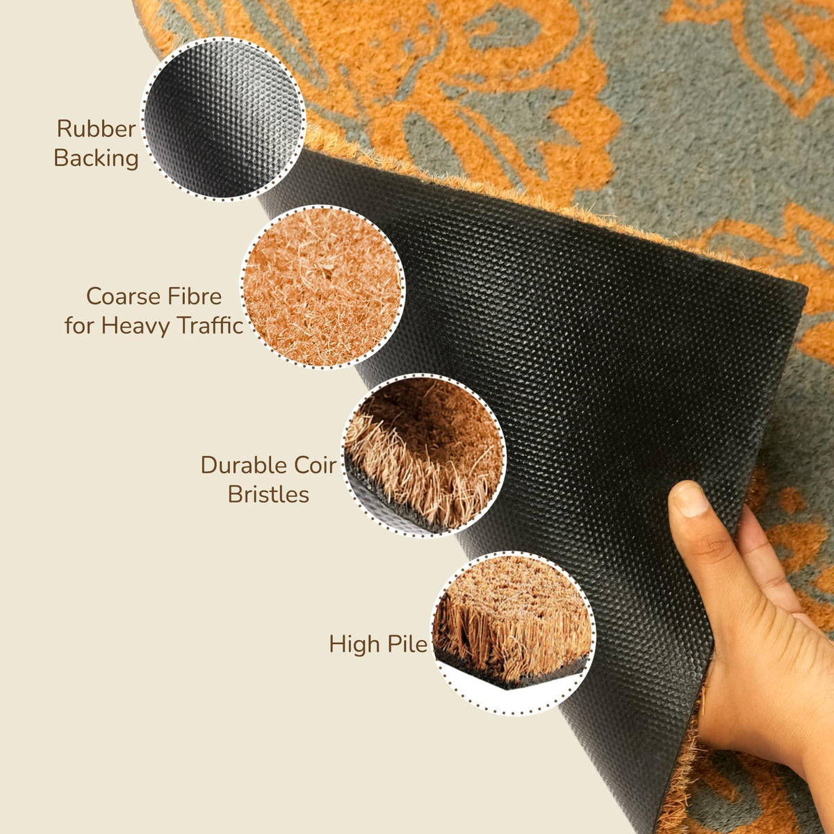 Coir Door Mat Entryway Floor Mats with Non Slip PVC Backing Indoor Outdoor Mat for Front Door Decor Home and Office Welcome Mats with Floral Print Light Blue 30 x17