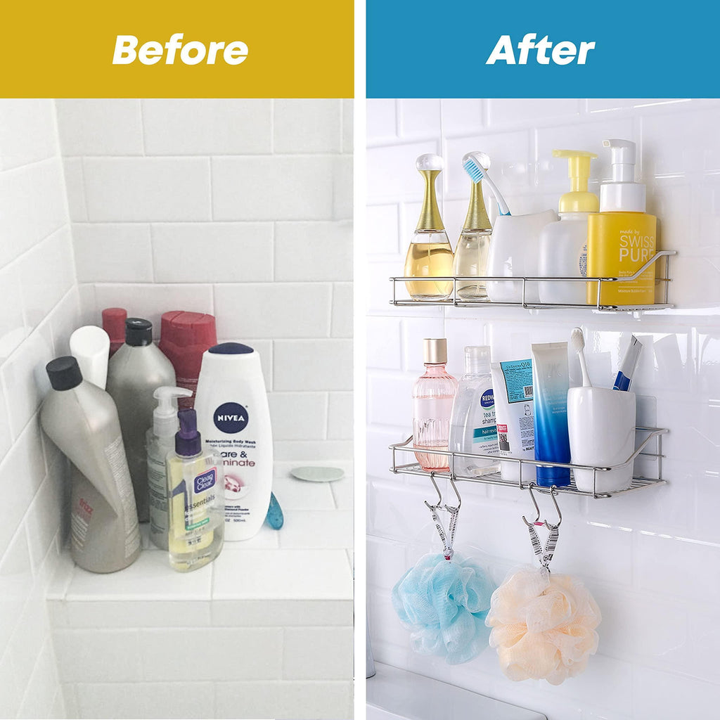 Adhesive Shower Caddy Shower Shelf Organizer for Bathroom Organization with Hooks SUS304 Stainless Steel 2 Pack (Silver)