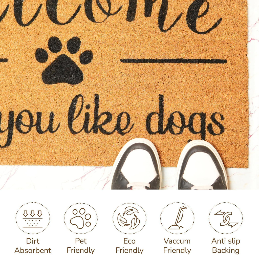 Coir Doormat Front Door Mat with Non Slip PVC Backing Printed Indoor Outdoor Mats for Home & Office Entrance Mats with Hope You Like Dogs Print 30”x17” Beige & Black
