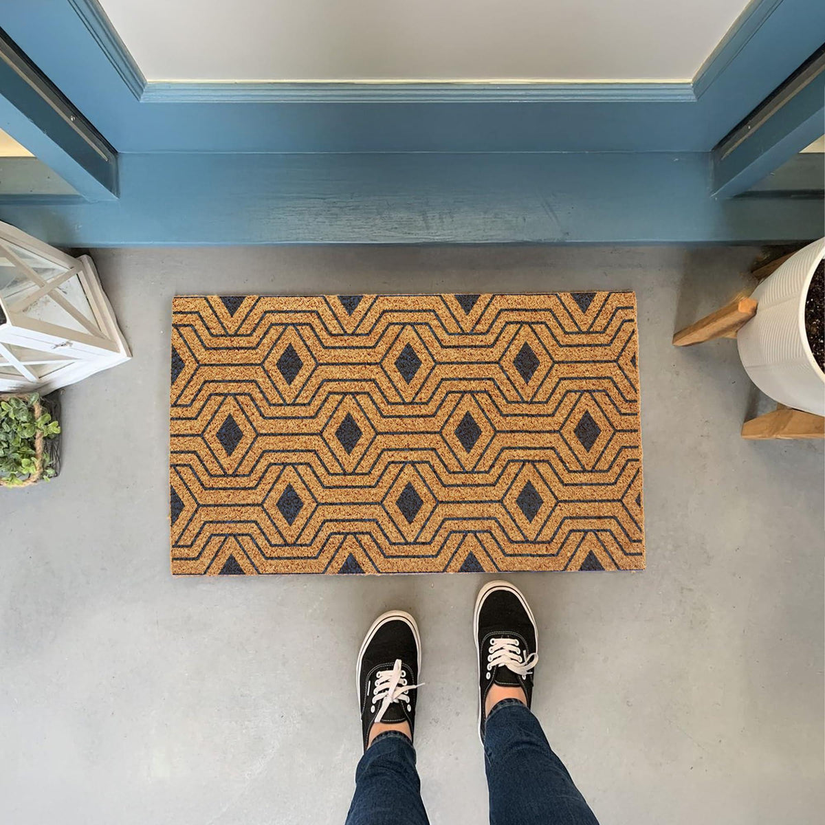 Welcome Doormats Natural Coco Coir Mats with Non Slip PVC Backing Indoor Outdoor Mats for Home & Office Floor Rugs for Door Decor with Geometric Hexagon Pattern Orion Blue 30 x17