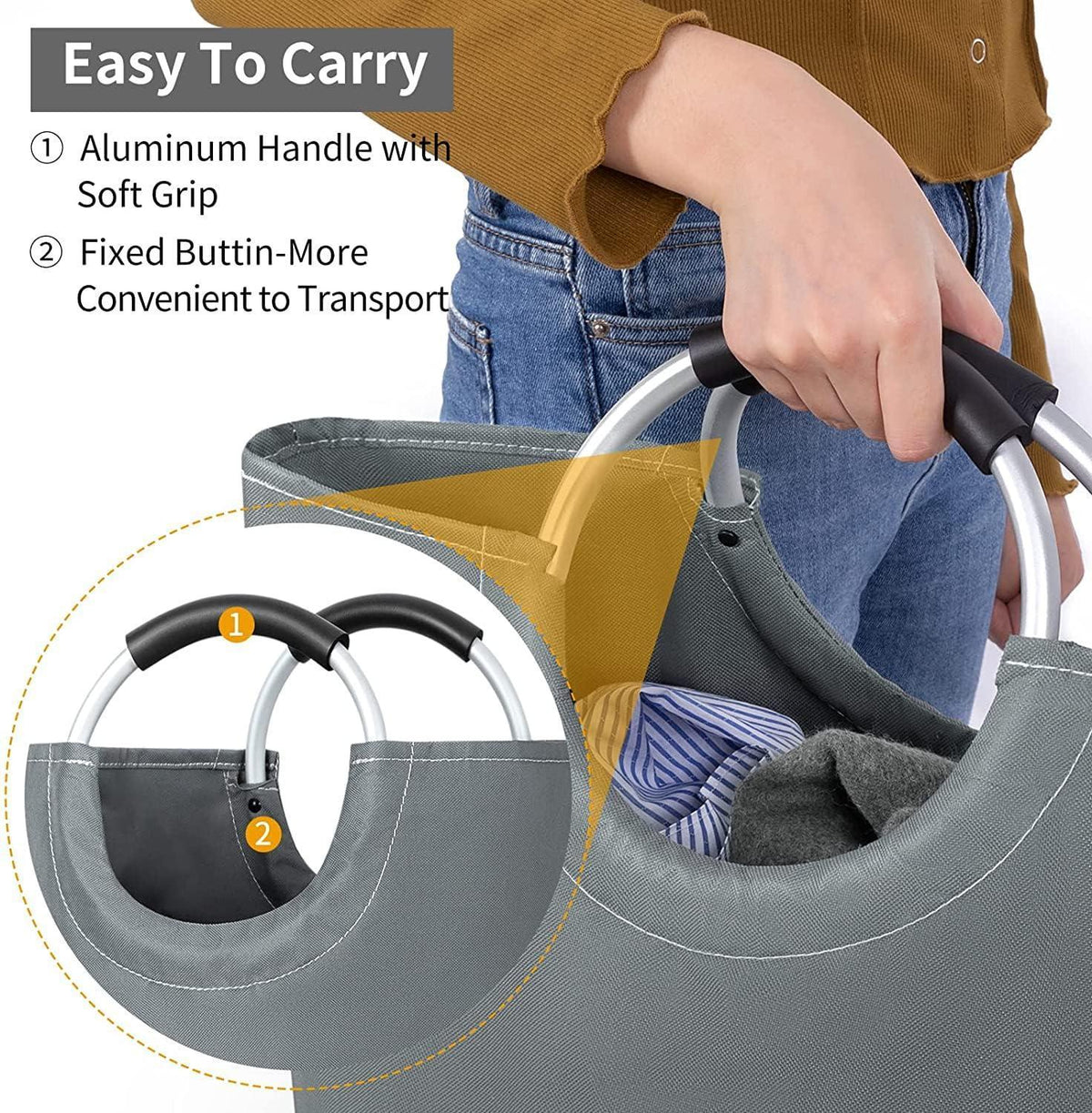 82L Large Laundry Basket Collapsible Fabric Hamper Foldable Laundry Bag With Handles Waterproof Washing Clothes Bin Bag Dirty Cloth Storage (Grey and Silver L)