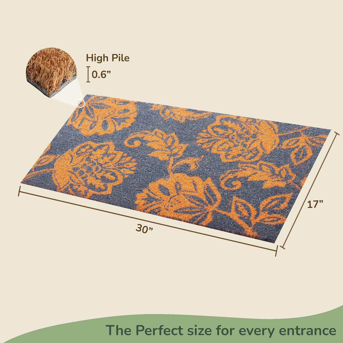 Coir Door Mat Entryway Floor Mats with Non Slip PVC Backing Indoor Outdoor Mat for Front Door Decor Home and Office Welcome Mats with Floral Print Light Blue 30 x17