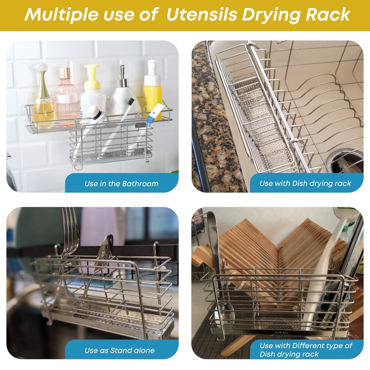 Sturdy 304 Stainless Steel Utensil Drying Rack Basket Holder with Hooks 3 Divided Compartments Rust Proof No Drilling