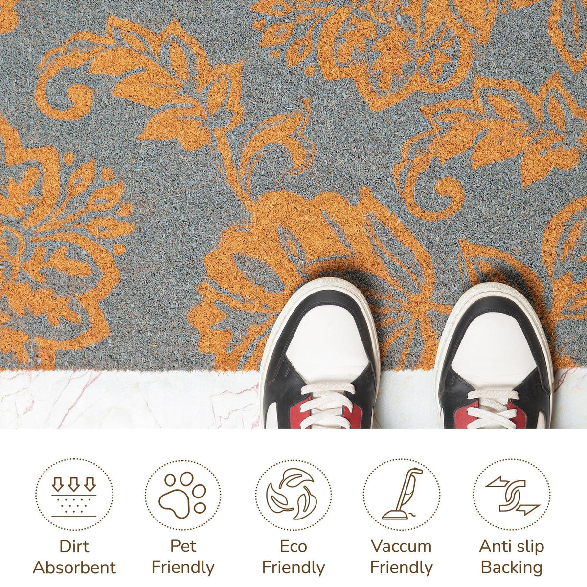 Coir Door Mat Entryway Floor Mats with Non Slip PVC Backing Indoor Outdoor Mat for Front Door Decor Home and Office Welcome Mats with Floral Print Light Blue 30 x17