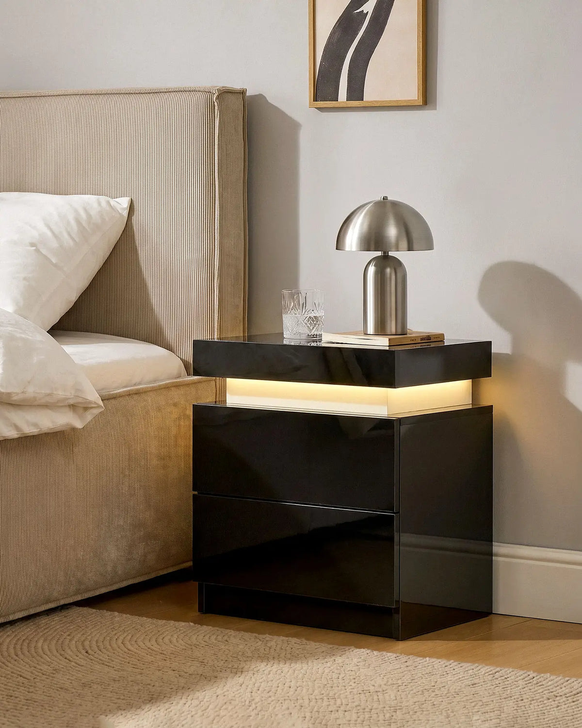 Kumar Bedside Table with RGB Lighting & Charging [2 Drawers]