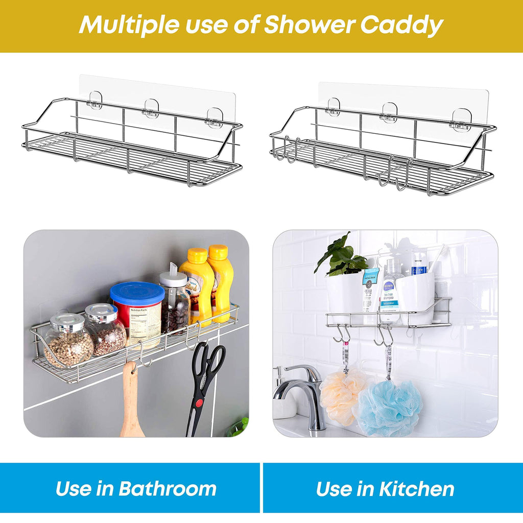 Adhesive Shower Caddy Shower Shelf Organizer for Bathroom Organization with Hooks SUS304 Stainless Steel 2 Pack (Silver)