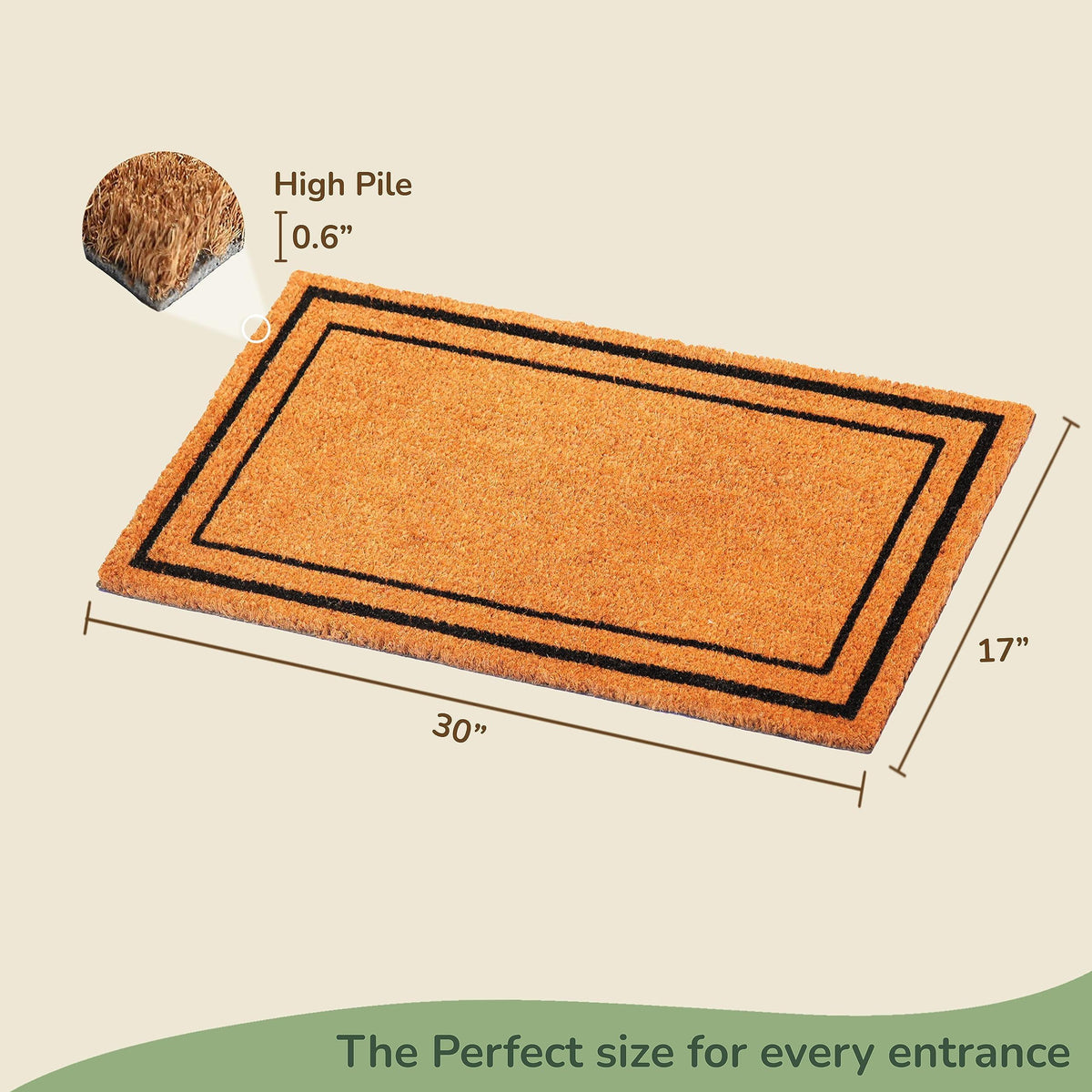 Welcome Doormats Natural Coco Coir Mats with Non Slip PVC Backing Indoor Outdoor Mats for Home & Office Floor Mats for Door Decor Plain Entry Mat with Border Beige & Black 30 x17