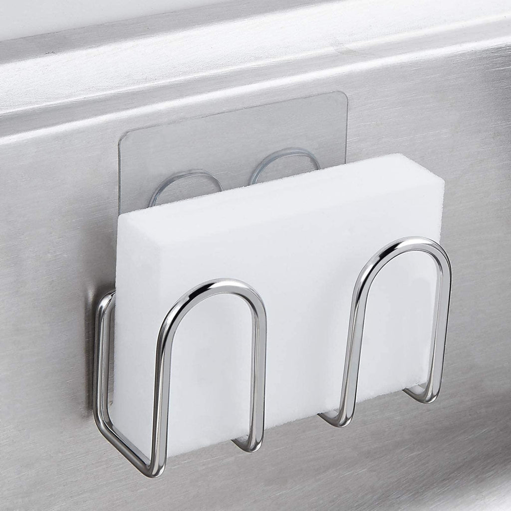 Kitchen Sponge Holder  Sink Caddy for Sponges Scrubbers Soap. No Drilling Adhesive Rustproof SUS304 Stainless Steel Compact Kitchen Sink Accessories