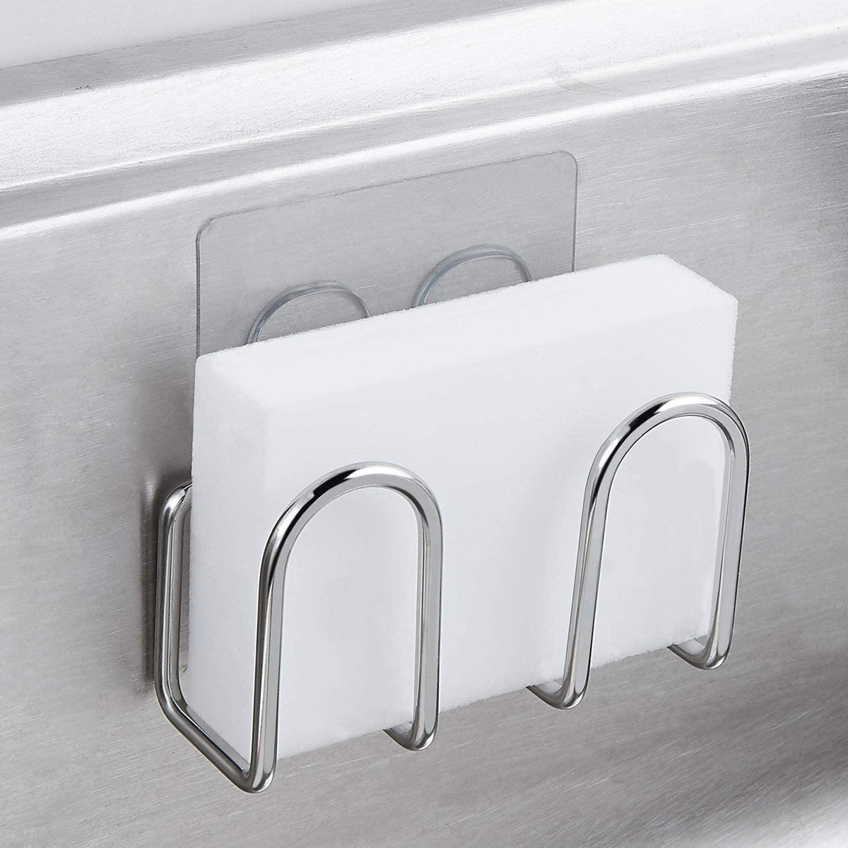 Kitchen Sponge Holder  Sink Caddy for Sponges Scrubbers Soap. No Drilling Adhesive Rustproof SUS304 Stainless Steel Compact Kitchen Sink Accessories