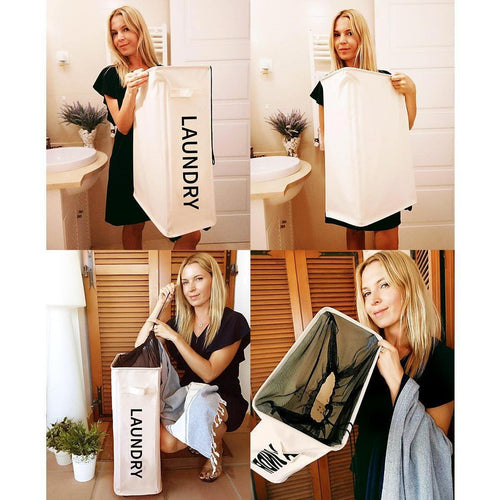 52L Large Slim Rolling On Wheels Laundry Hamper Tall Dirty Clothes Storage Basket Standable Corner Handy Bin Hamper Basket 15×8×22  (22 Inches Printed Beige)