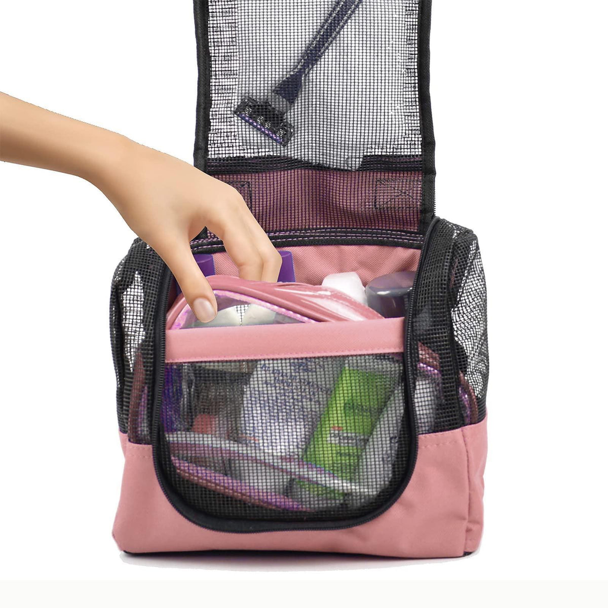 The Fine Living Co. USA Portable Hanging Shower Caddy Organizer with 1 Free Toiletries Case Quick Dry Mesh Shower Caddy Tote Bag Included 1 Metal Hook Perfect for Dorm Camp Travel Gym Pink