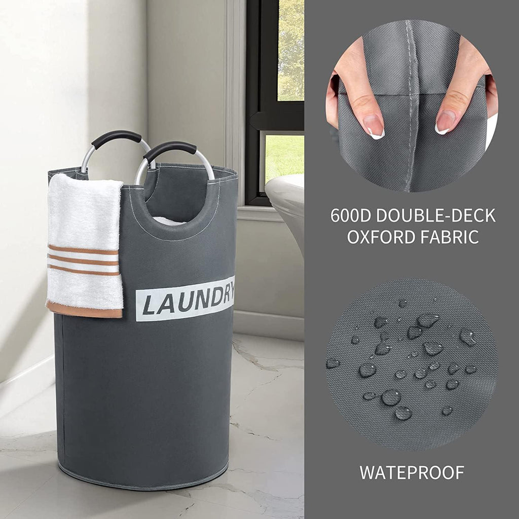 82L Large Laundry Basket Collapsible Fabric Hamper Foldable Laundry Bag With Handles Waterproof Washing Clothes Bin Bag Dirty Cloth Storage (Grey and Silver L)