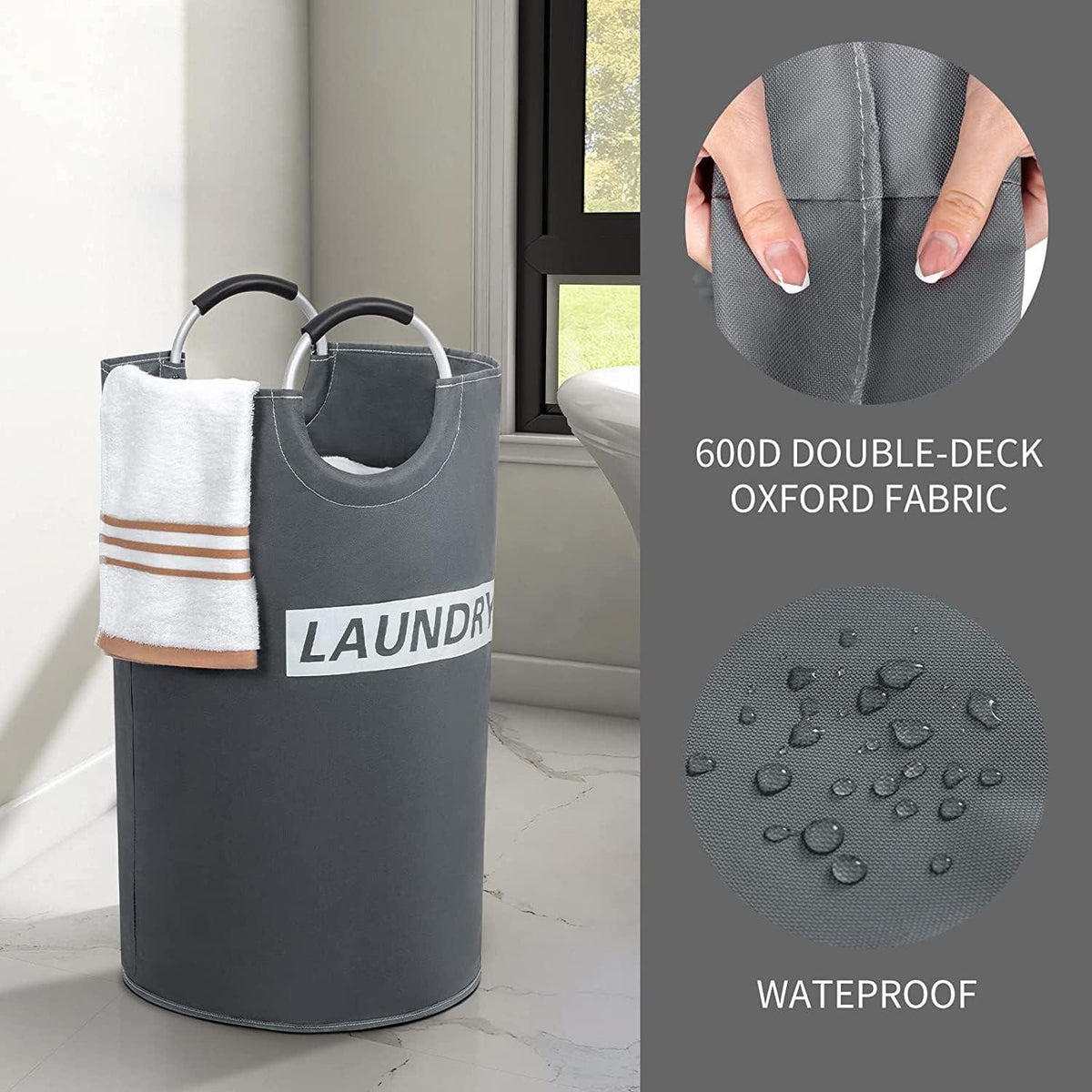 82L Large Laundry Basket Collapsible Fabric Hamper Foldable Laundry Bag With Handles Waterproof Washing Clothes Bin Bag Dirty Cloth Storage (Grey and Silver L)