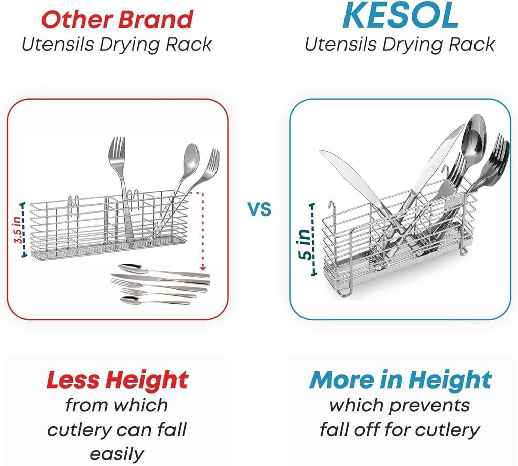 Sturdy 304 Stainless Steel Utensil Drying Rack Basket Holder with Hooks 3 Divided Compartments Rust Proof No Drilling
