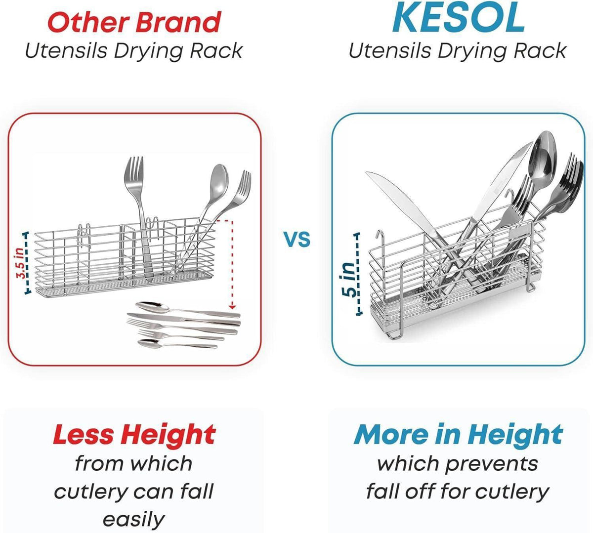 Sturdy 304 Stainless Steel Utensil Drying Rack Basket Holder with Hooks 3 Divided Compartments Rust Proof No Drilling
