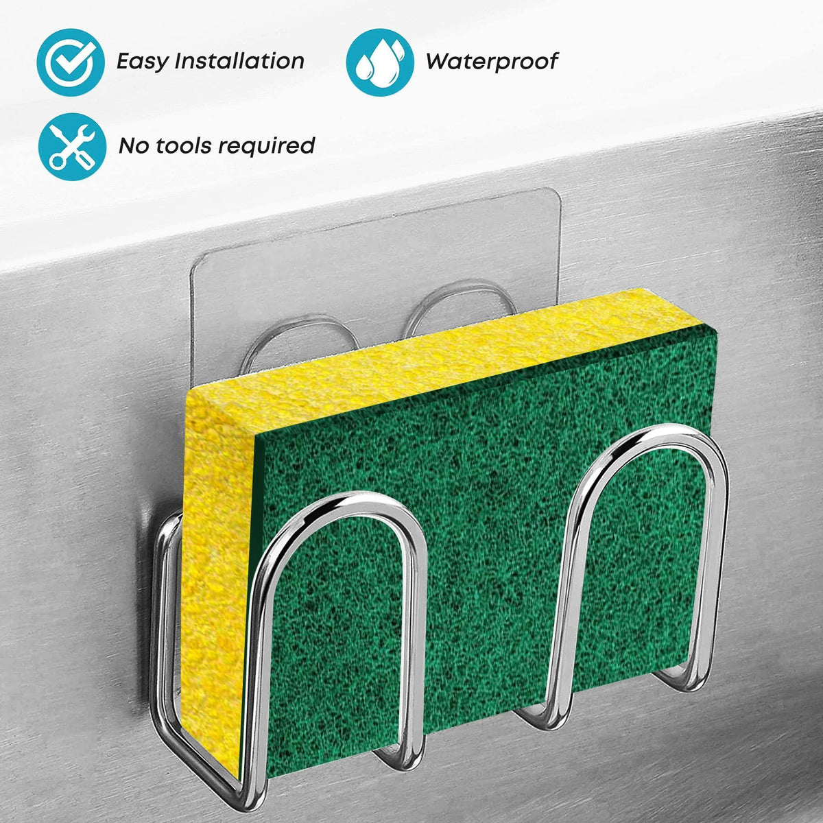 Kitchen Sponge Holder  Sink Caddy for Sponges Scrubbers Soap. No Drilling Adhesive Rustproof SUS304 Stainless Steel Compact Kitchen Sink Accessories