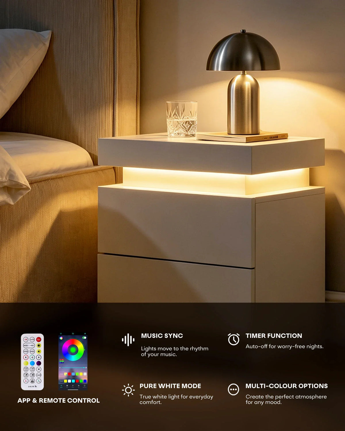 Kumar Bedside Table with RGB Lighting & Charging [2 Drawers]