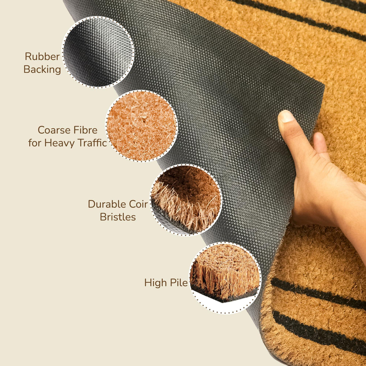 Welcome Doormats Natural Coco Coir Mats with Non Slip PVC Backing Indoor Outdoor Mats for Home & Office Floor Mats for Door Decor Plain Entry Mat with Border Beige & Black 30 x17