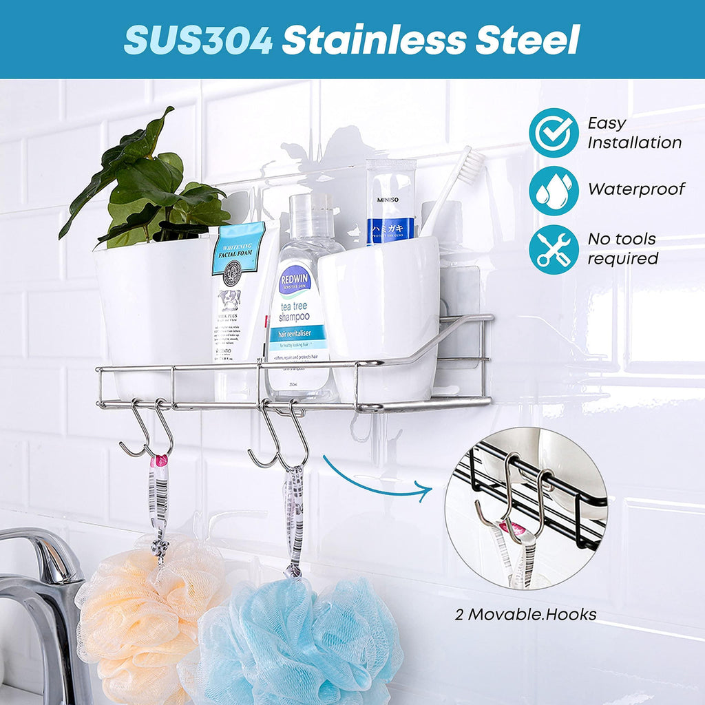 Adhesive Shower Caddy Shower Shelf Organizer for Bathroom Organization with Hooks SUS304 Stainless Steel 2 Pack (Silver)