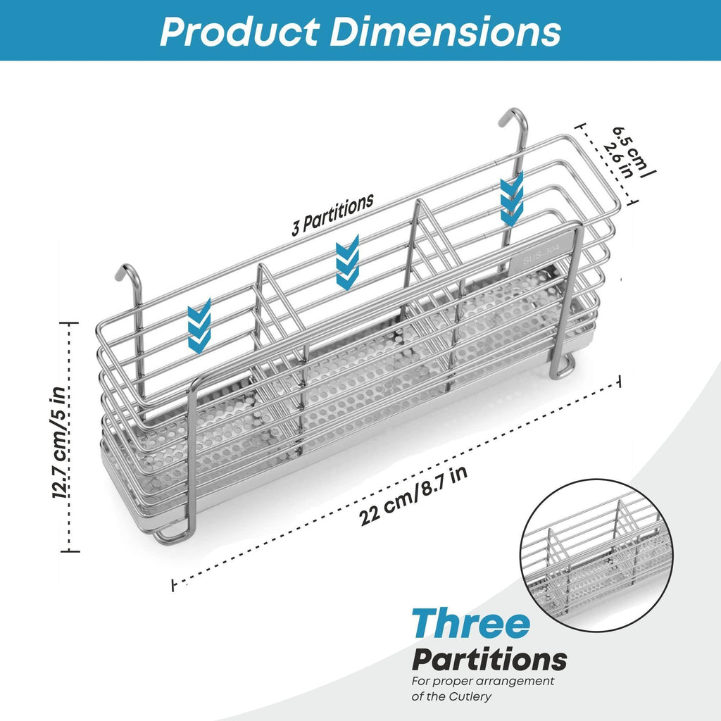 Sturdy 304 Stainless Steel Utensil Drying Rack Basket Holder with Hooks 3 Divided Compartments Rust Proof No Drilling