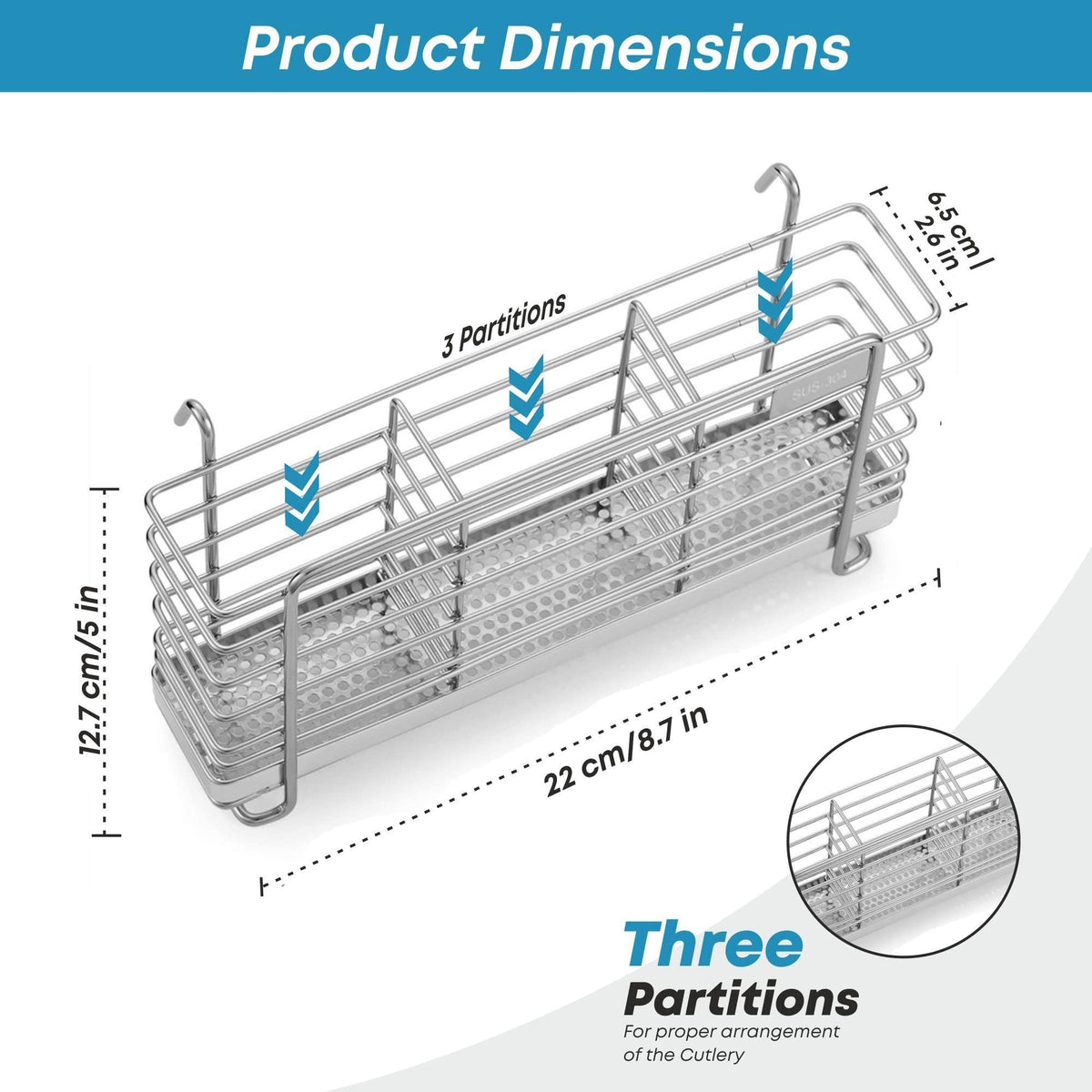 Sturdy 304 Stainless Steel Utensil Drying Rack Basket Holder with Hooks 3 Divided Compartments Rust Proof No Drilling
