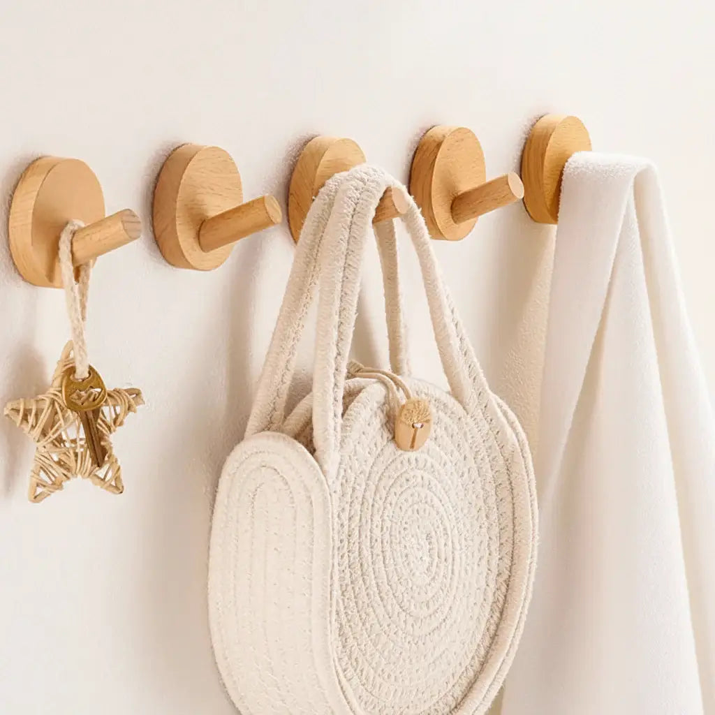Adhesive Wooden Coat Hooks Wall Hooks 4 Pack, Seamless  Hooks