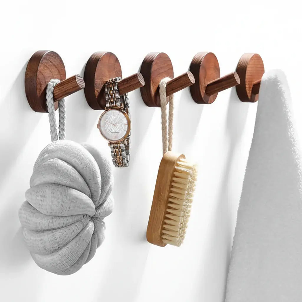 Adhesive Wooden Coat Hooks Wall Hooks 4 Pack, Seamless  Hooks