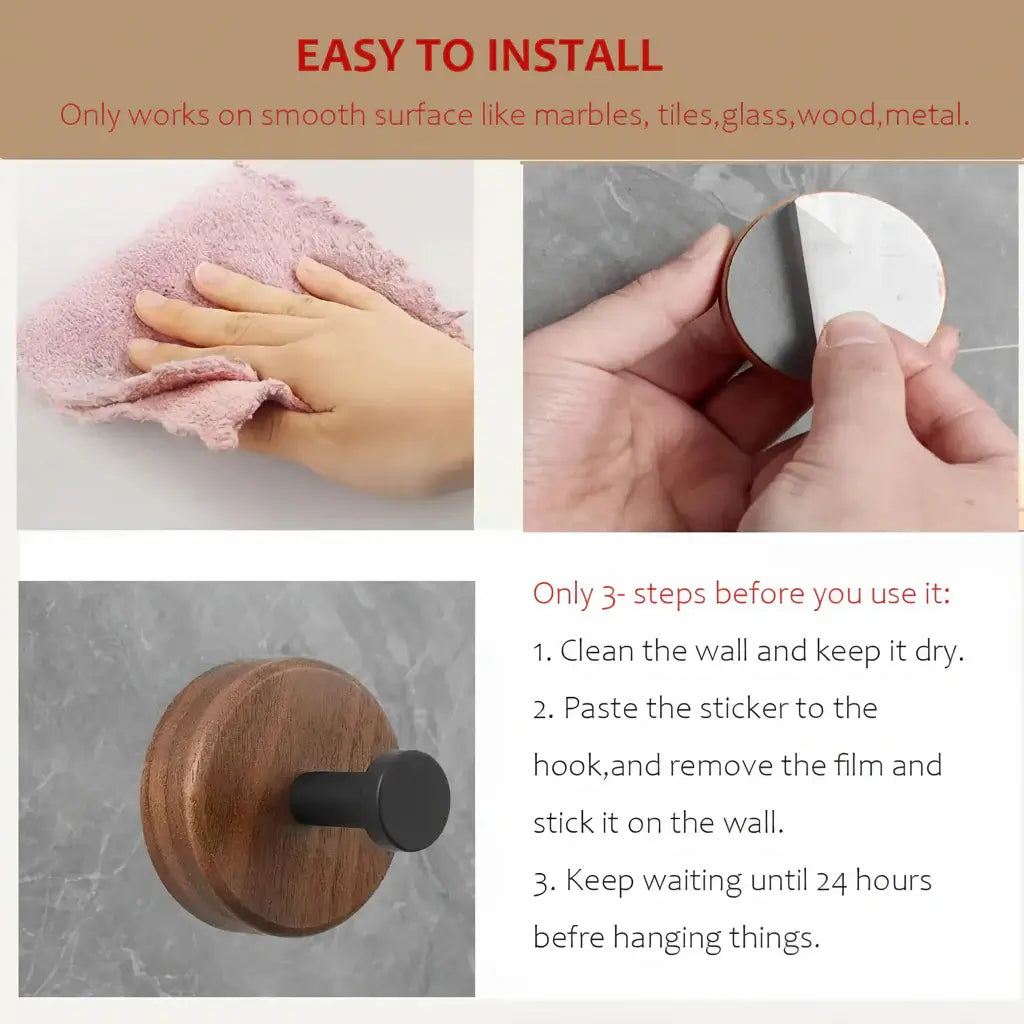 Adhesive Wooden Coat Hooks Wall Hooks 4 Pack, Seamless  Hooks