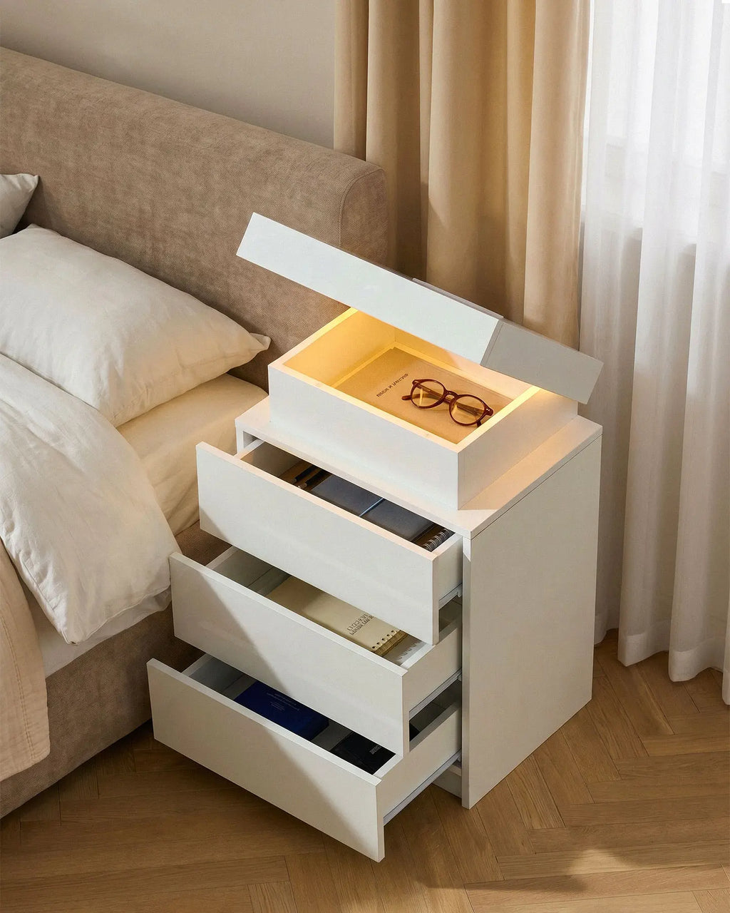 Kumar Bedside Table with RGB Lighting & Charging [3 Drawers]