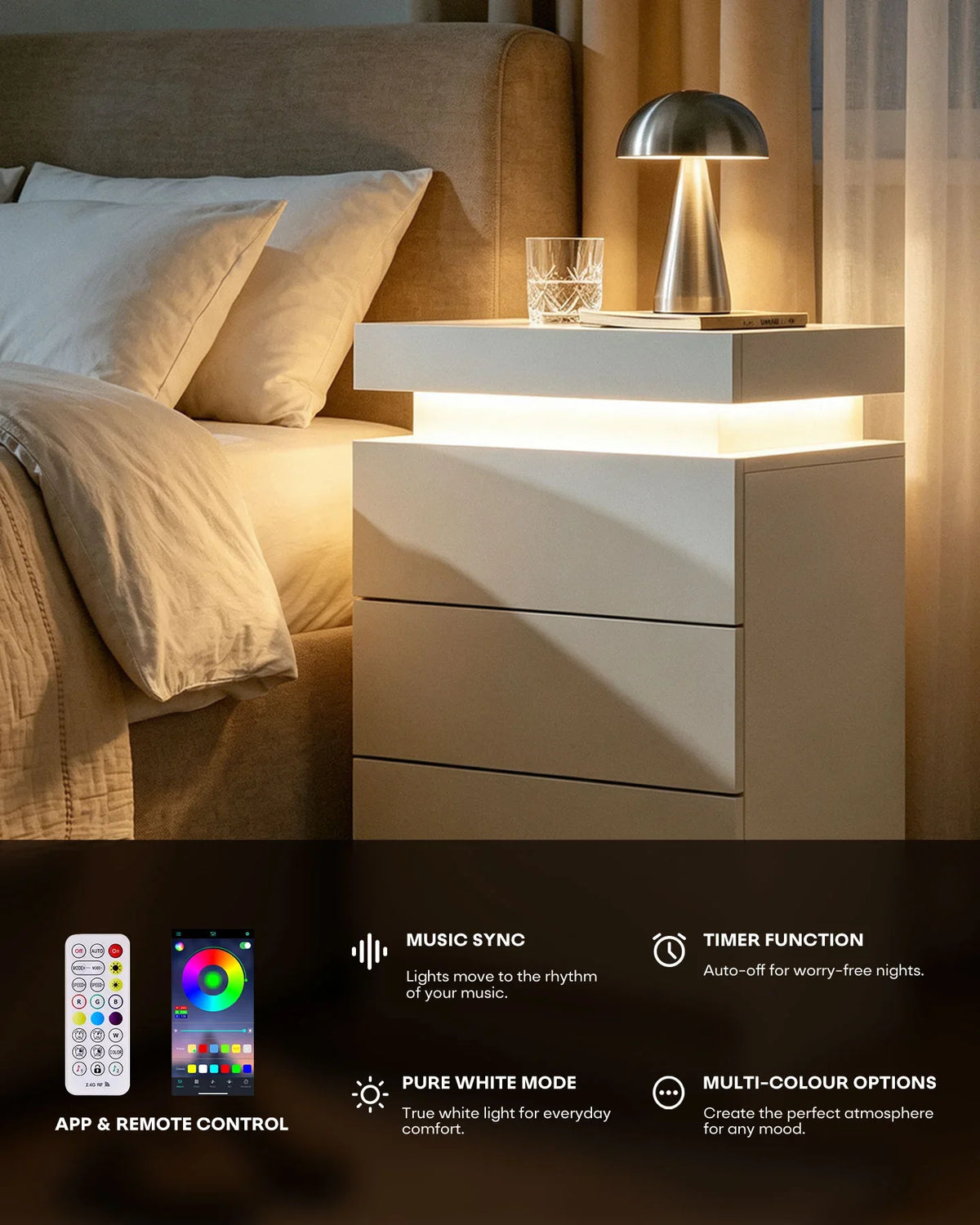 Kumar Bedside Table with RGB Lighting & Charging [3 Drawers]