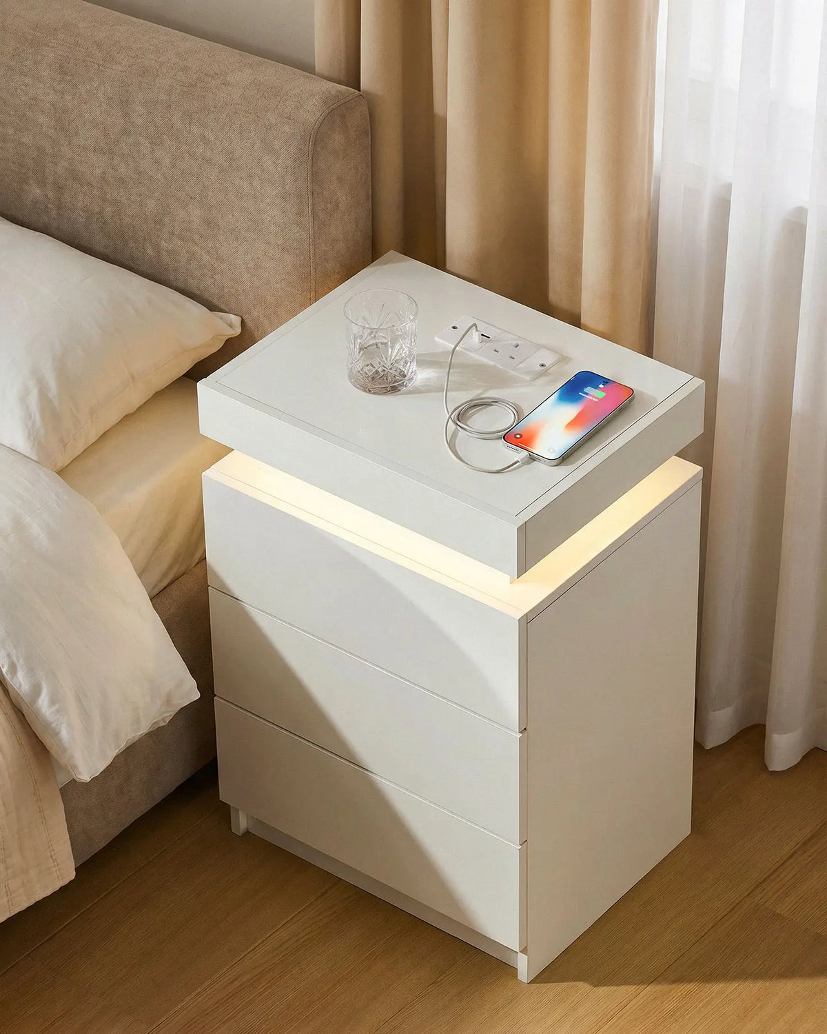 Kumar Bedside Table with RGB Lighting & Charging [3 Drawers]
