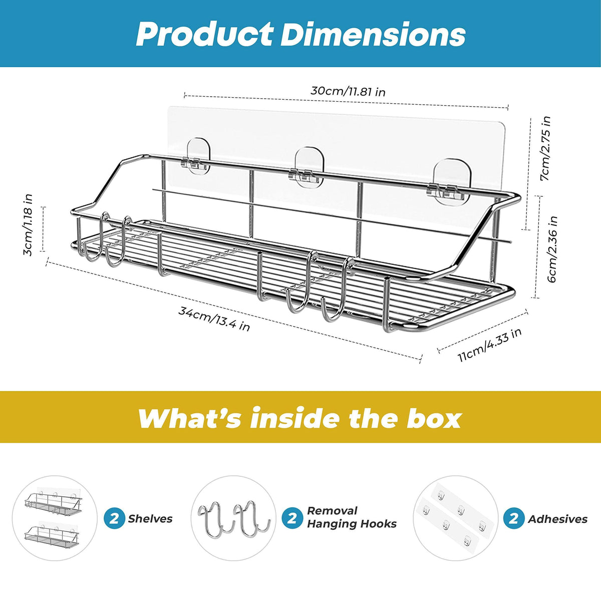 Adhesive Shower Caddy Shower Shelf Organizer for Bathroom Organization with Hooks SUS304 Stainless Steel 2 Pack (Silver)