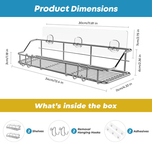 Adhesive Shower Caddy Shower Shelf Organizer for Bathroom Organization with Hooks SUS304 Stainless Steel 2 Pack (Silver)
