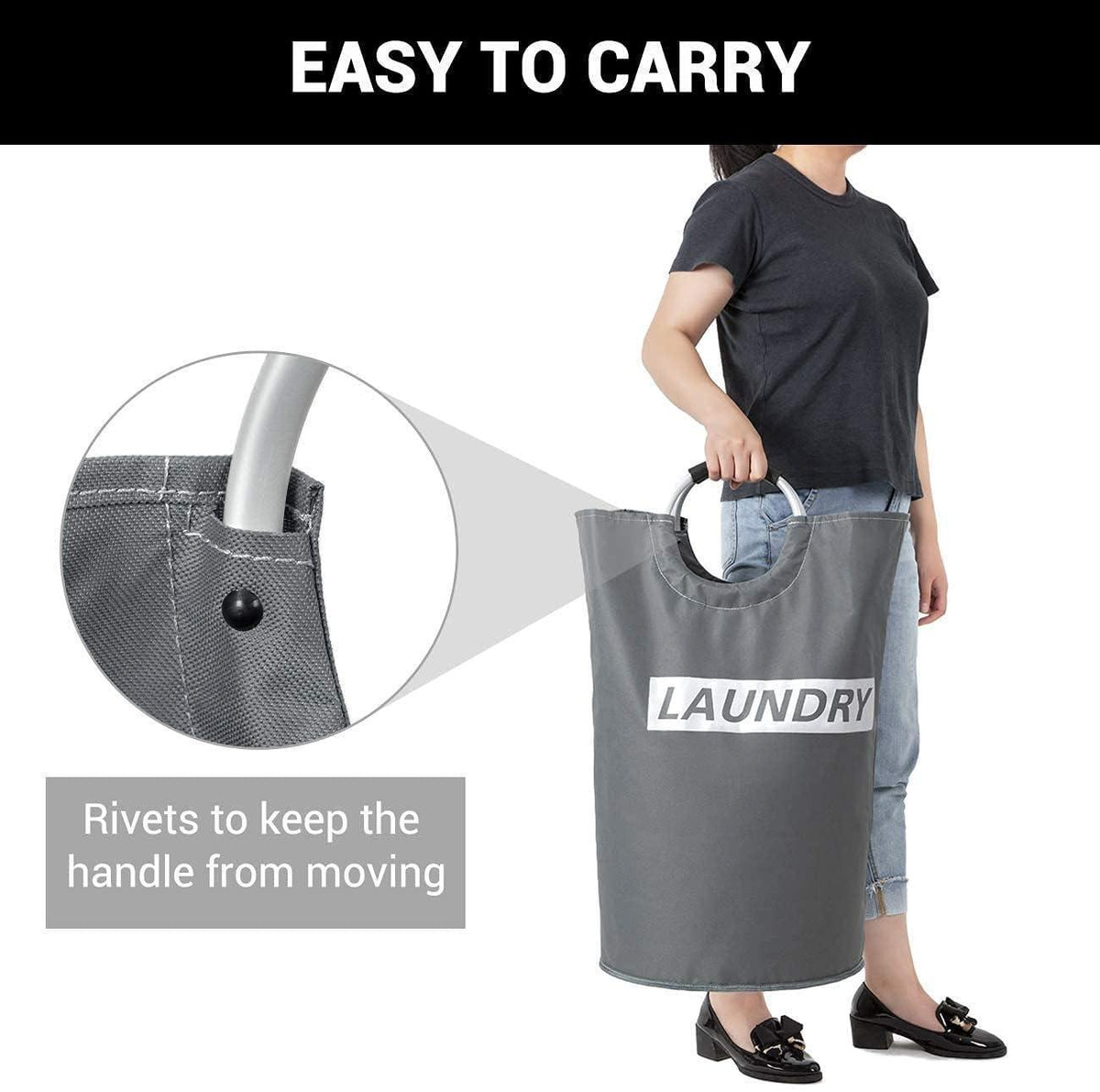 82L Large Laundry Basket Collapsible Fabric Hamper Foldable Laundry Bag With Handles Waterproof Washing Clothes Bin Bag Dirty Cloth Storage (Grey and Silver L)