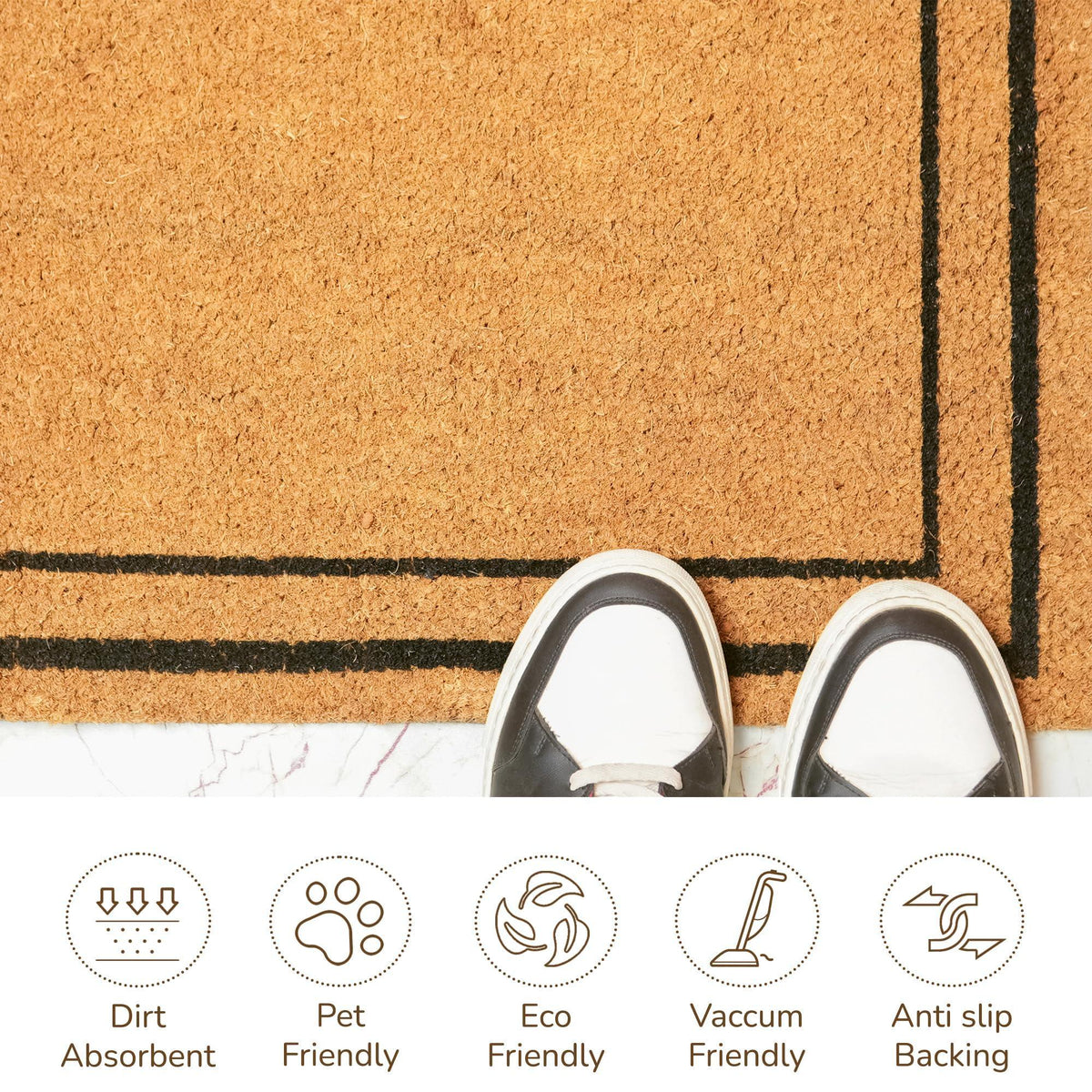 Welcome Doormats Natural Coco Coir Mats with Non Slip PVC Backing Indoor Outdoor Mats for Home & Office Floor Mats for Door Decor Plain Entry Mat with Border Beige & Black 30 x17