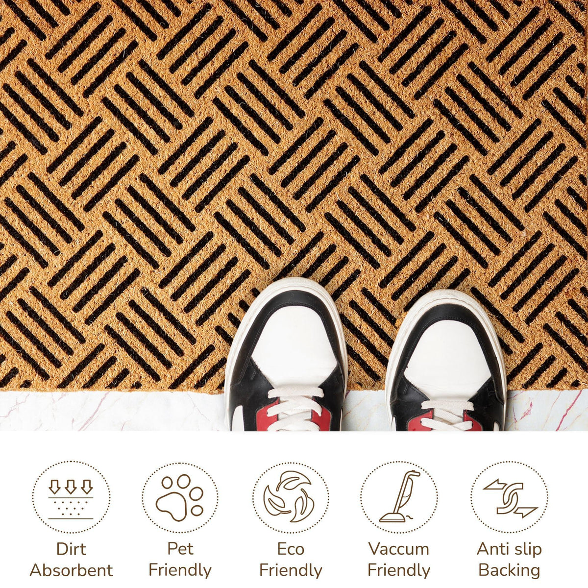 Welcome Doormats Natural Coco Coir Mats with Non Slip PVC Backing Indoor Outdoor Mats for Home & Office Floor Rugs for Door Decor Geometric Porch Rug with Black Diamond Pattern 30 x17