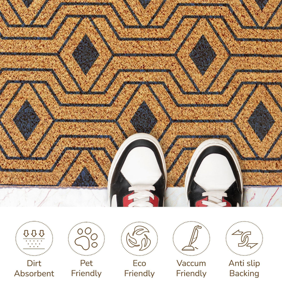 Welcome Doormats Natural Coco Coir Mats with Non Slip PVC Backing Indoor Outdoor Mats for Home & Office Floor Rugs for Door Decor with Geometric Hexagon Pattern Orion Blue 30 x17