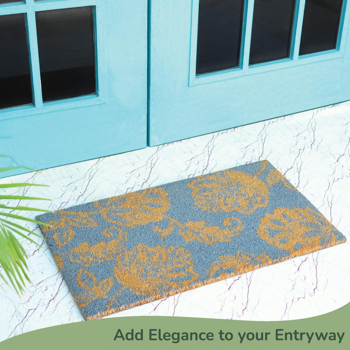 Coir Door Mat Entryway Floor Mats with Non Slip PVC Backing Indoor Outdoor Mat for Front Door Decor Home and Office Welcome Mats with Floral Print Light Blue 30 x17