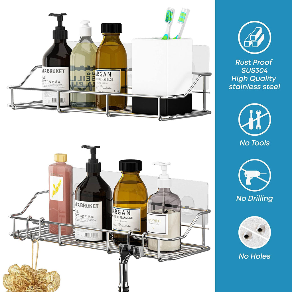 Adhesive Shower Caddy Shower Shelf Organizer for Bathroom Organization with Hooks SUS304 Stainless Steel 2 Pack (Silver)